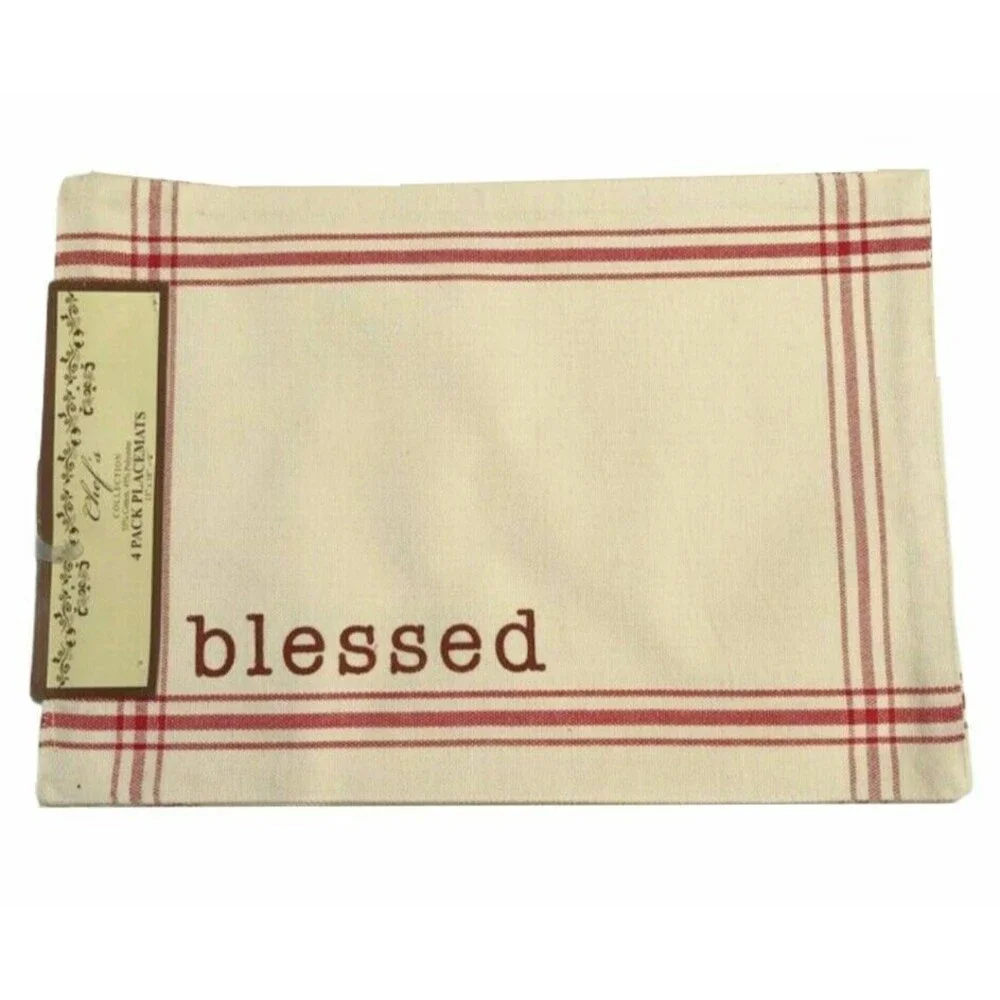 Chef's Collection Blessed Fabric Placemats Set of 4 Ecru Red Machine Wash